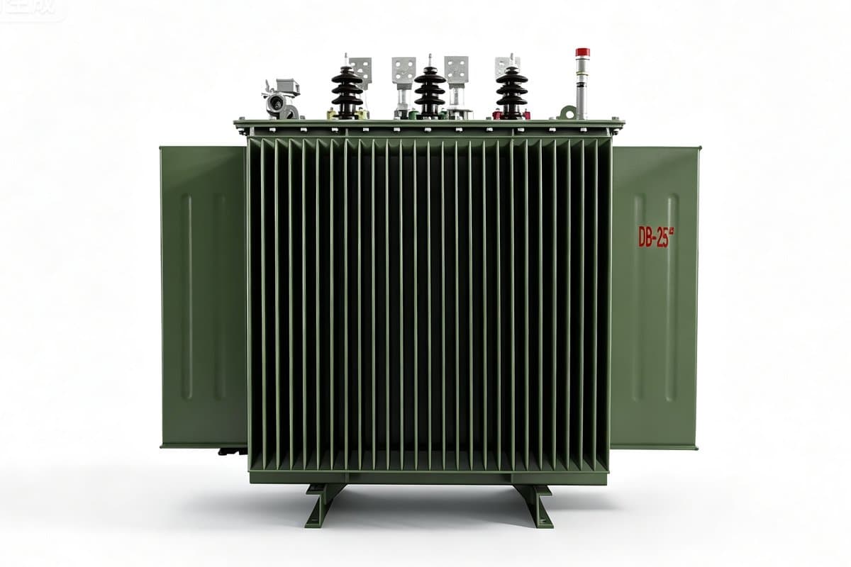 Transformador en aceite de bajas pérdidas S13 / S20 / S22 de 10 kV con cuba verde de aletas y pasatapas de porcelana