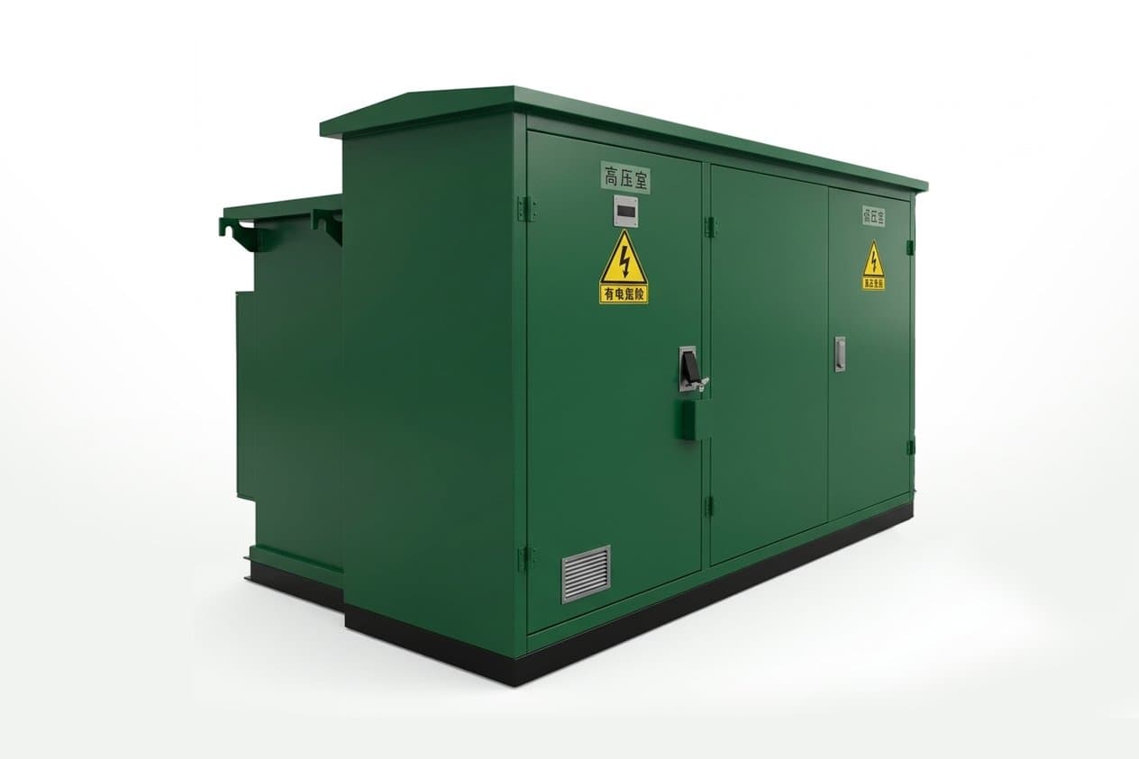 Centro de transformación prefabricado de tipo chino en envolvente de acero verde de exterior con puertas frontales con llave