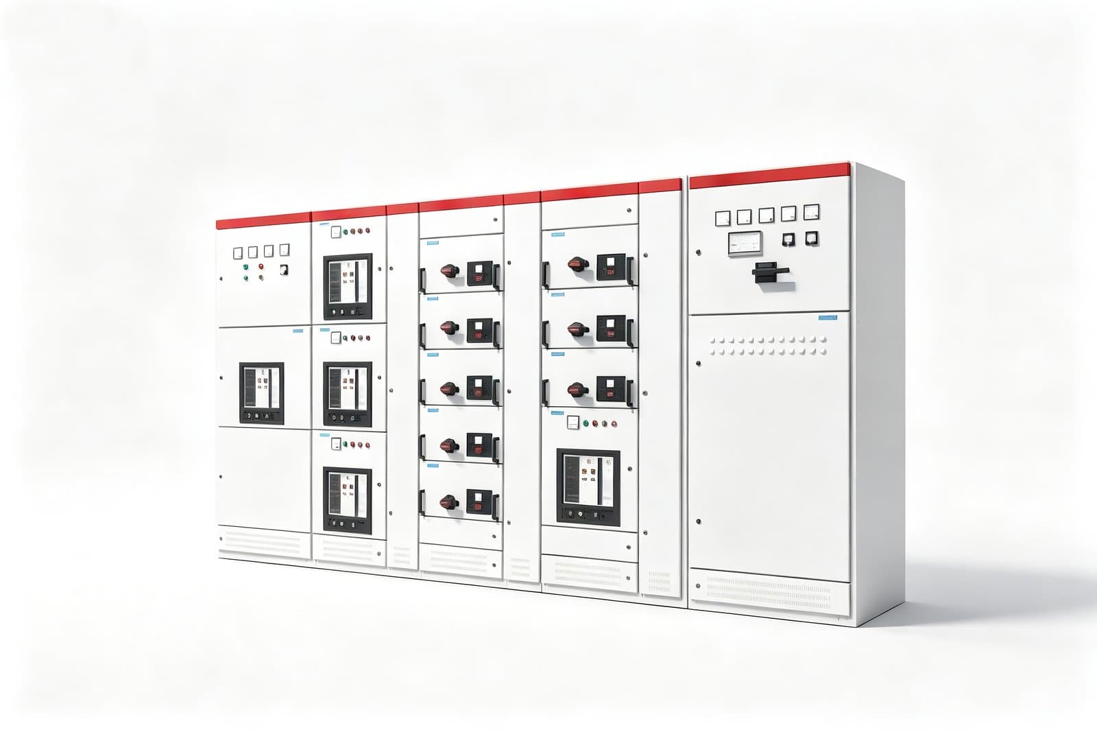 GCS low-voltage withdrawable switchgear line-up with columns of draw-out units and a metering panel