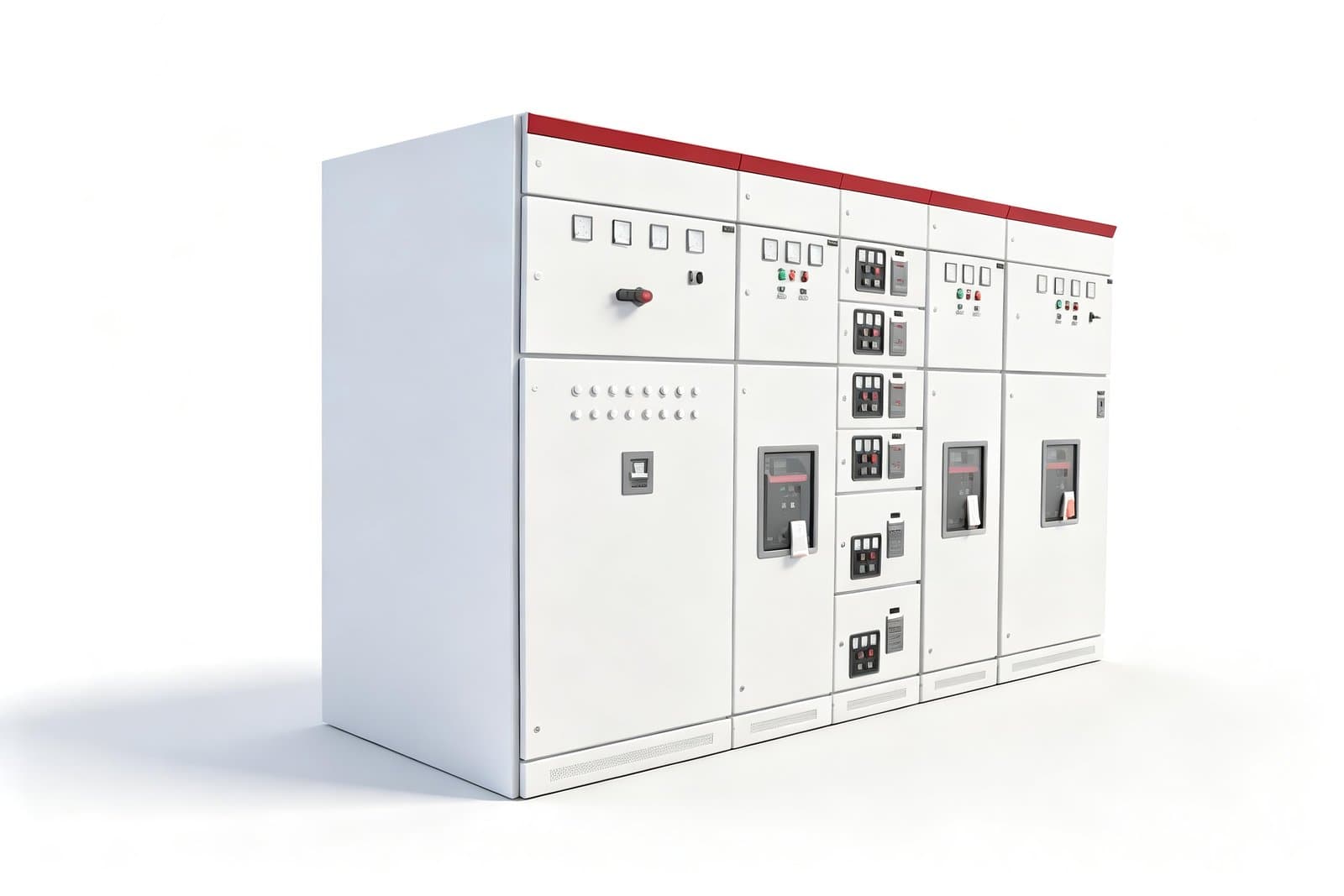 Cuadro de baja tensión extraíble MNS en hilera de armarios modulares blancos con cajones extraíbles