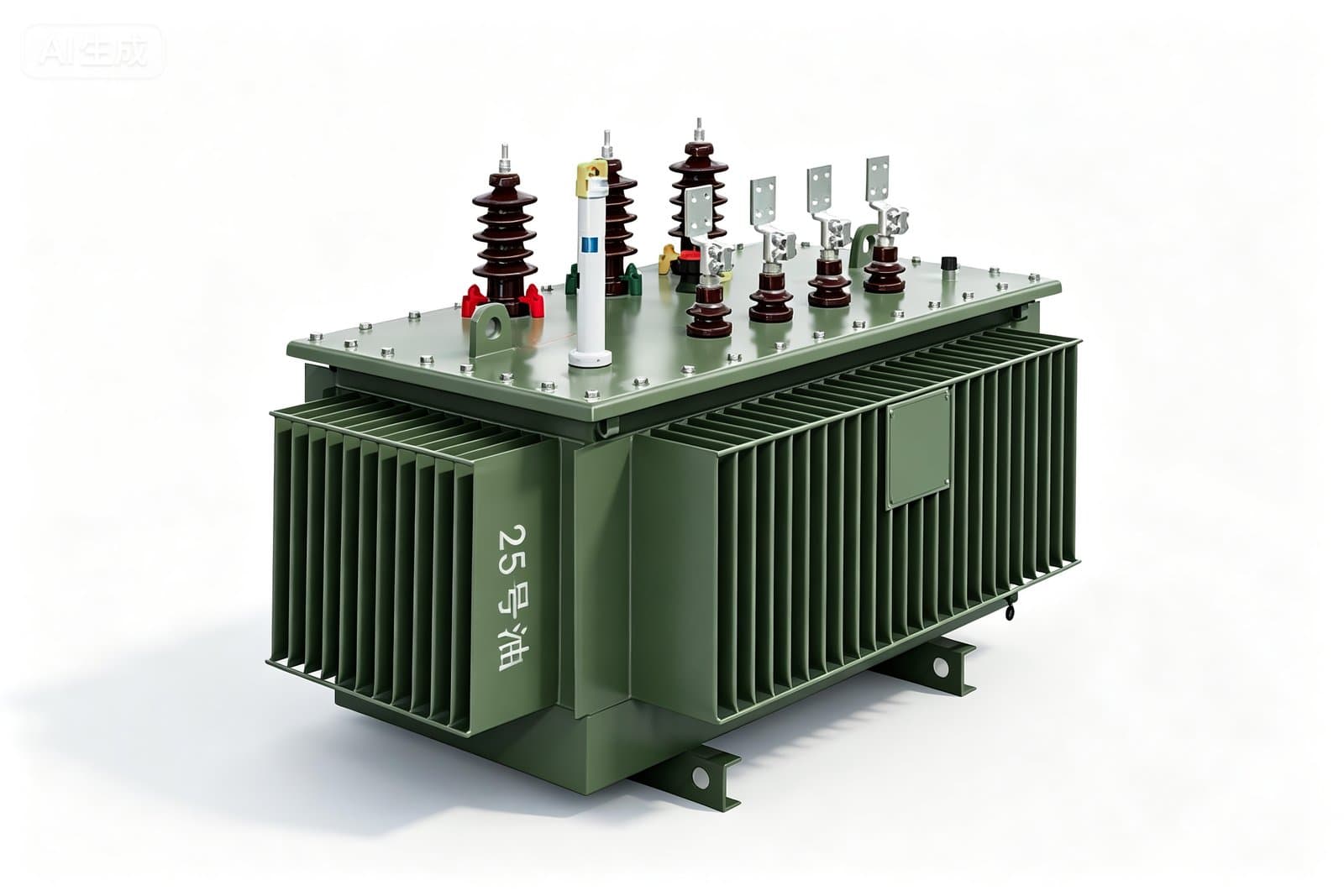 Transformador sumergido en aceite de aleación amorfa SBH15 con cuba ondulada verde y pasatapas de porcelana de AT/BT