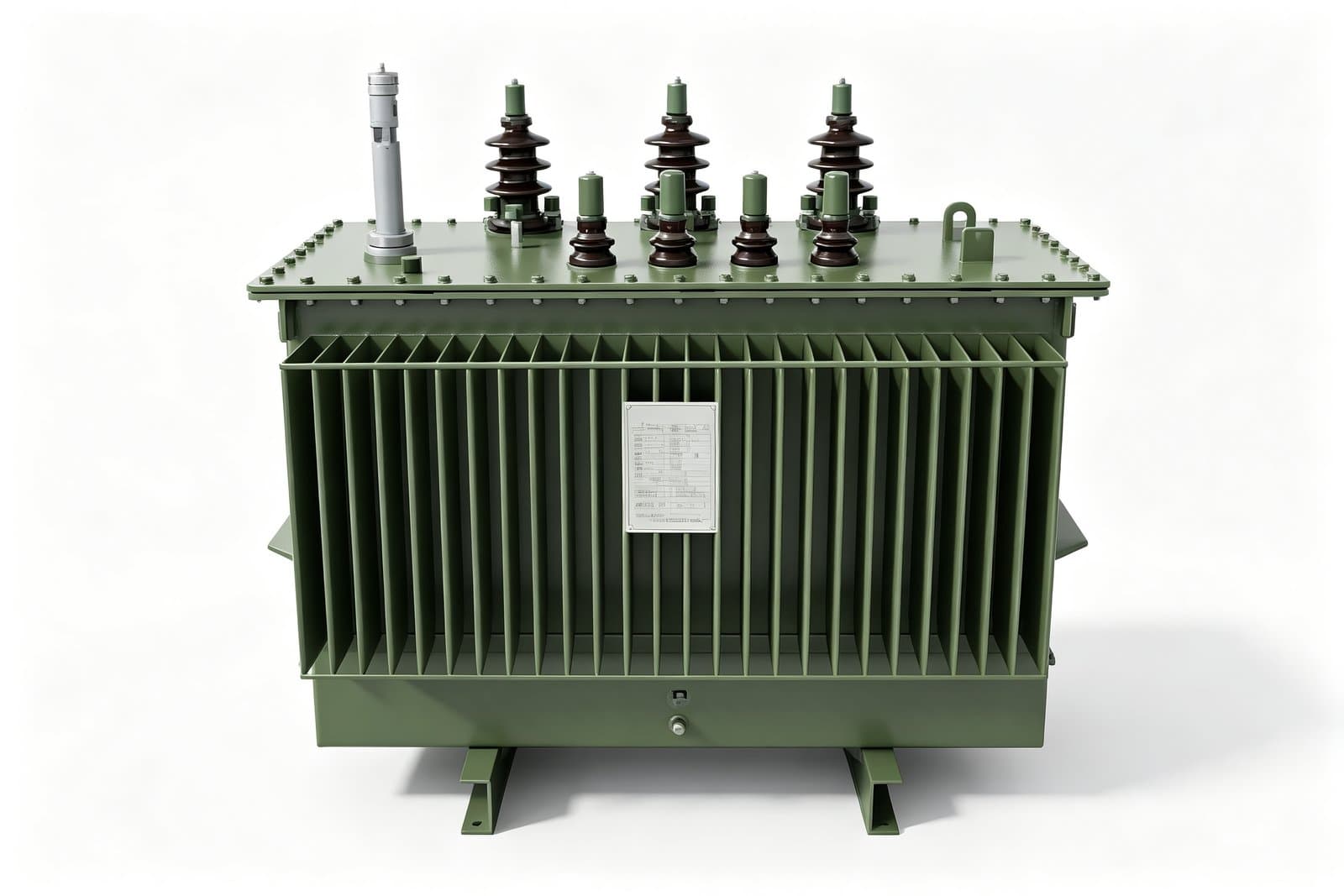 SBH25 amorphous-alloy oil-immersed transformer, front view of the corrugated cooling fins and nameplate