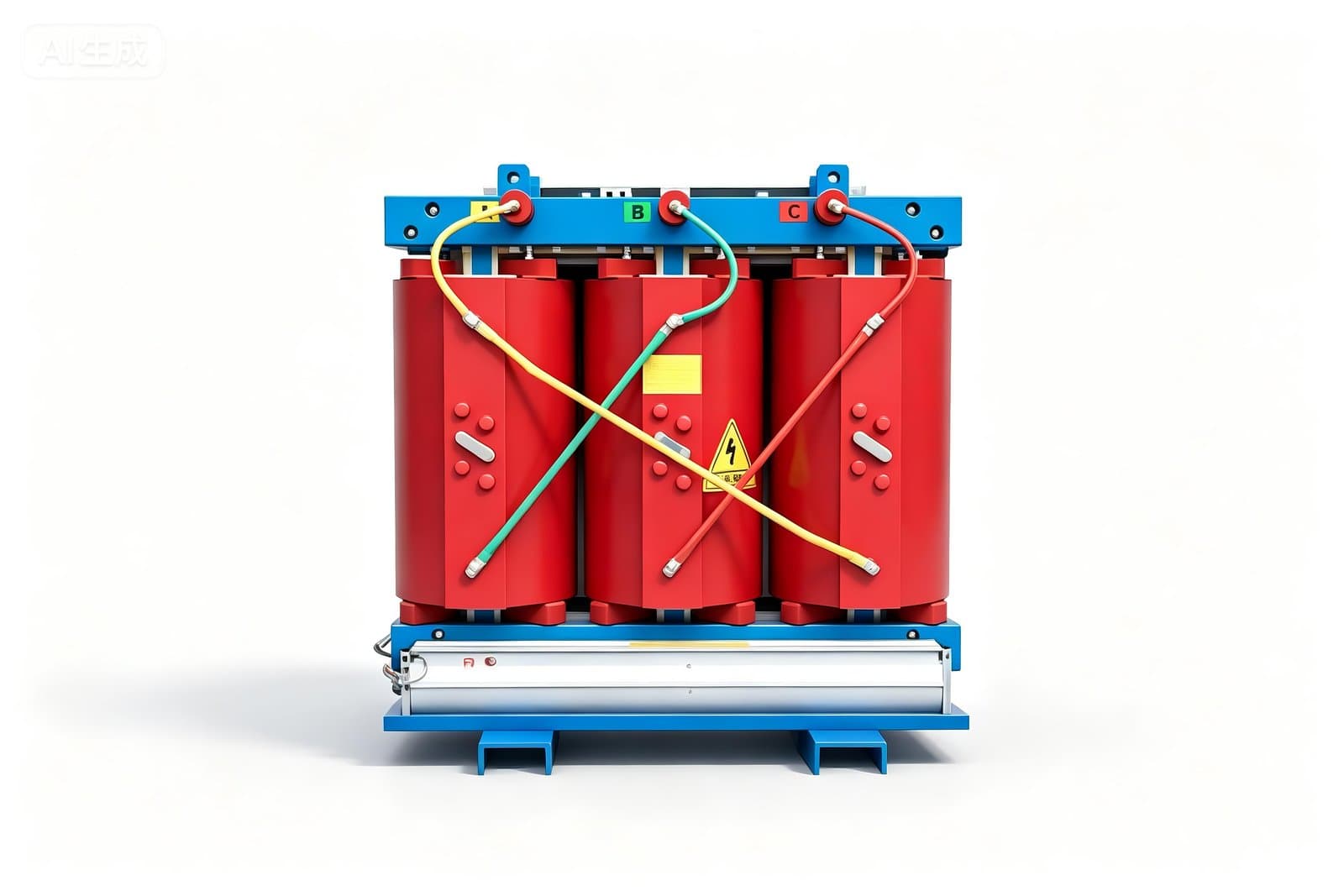 Transformador seco encapsulado en resina epoxi SC(B)11–SC(B)18 de 10 kV con tres bobinas rojas sobre base de acero azul