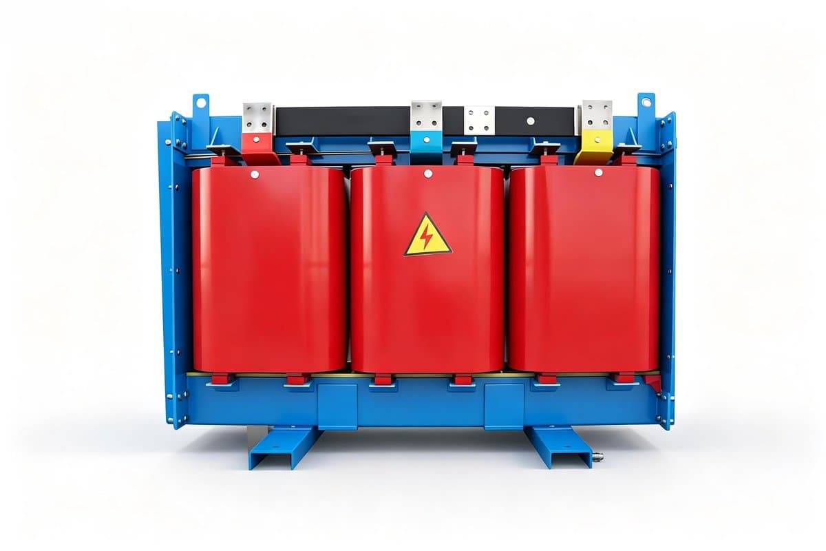 SCBH19 amorphous-alloy dry-type transformer with three red cast-resin coils in a blue steel frame