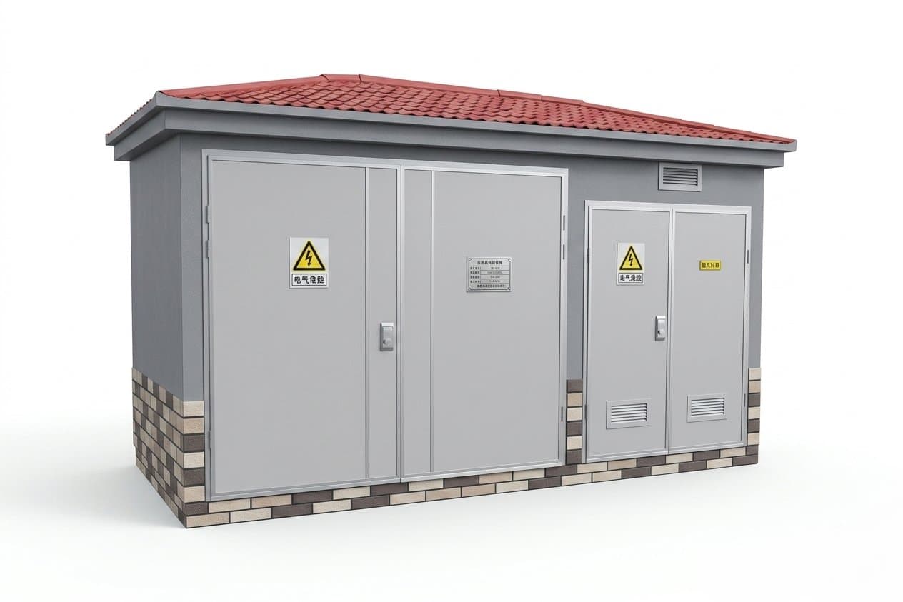 YBM European-style prefabricated box substation with a grey enclosure, red-tile roof and brick-clad base